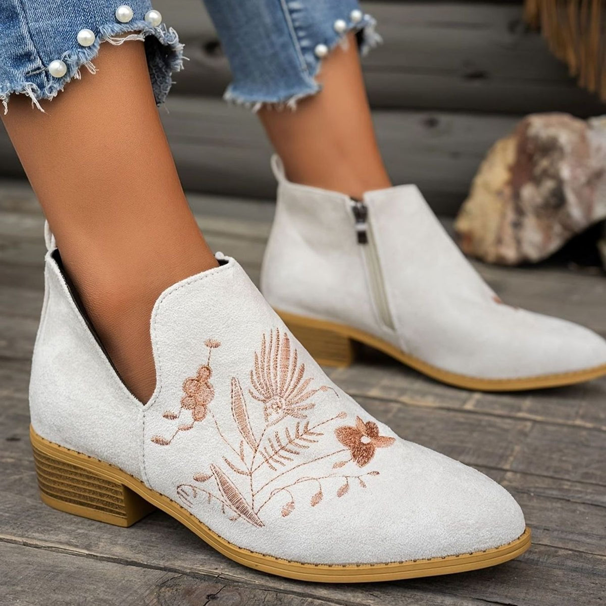 Women's Floral Embroidered V-Cut Booties with Side Zip