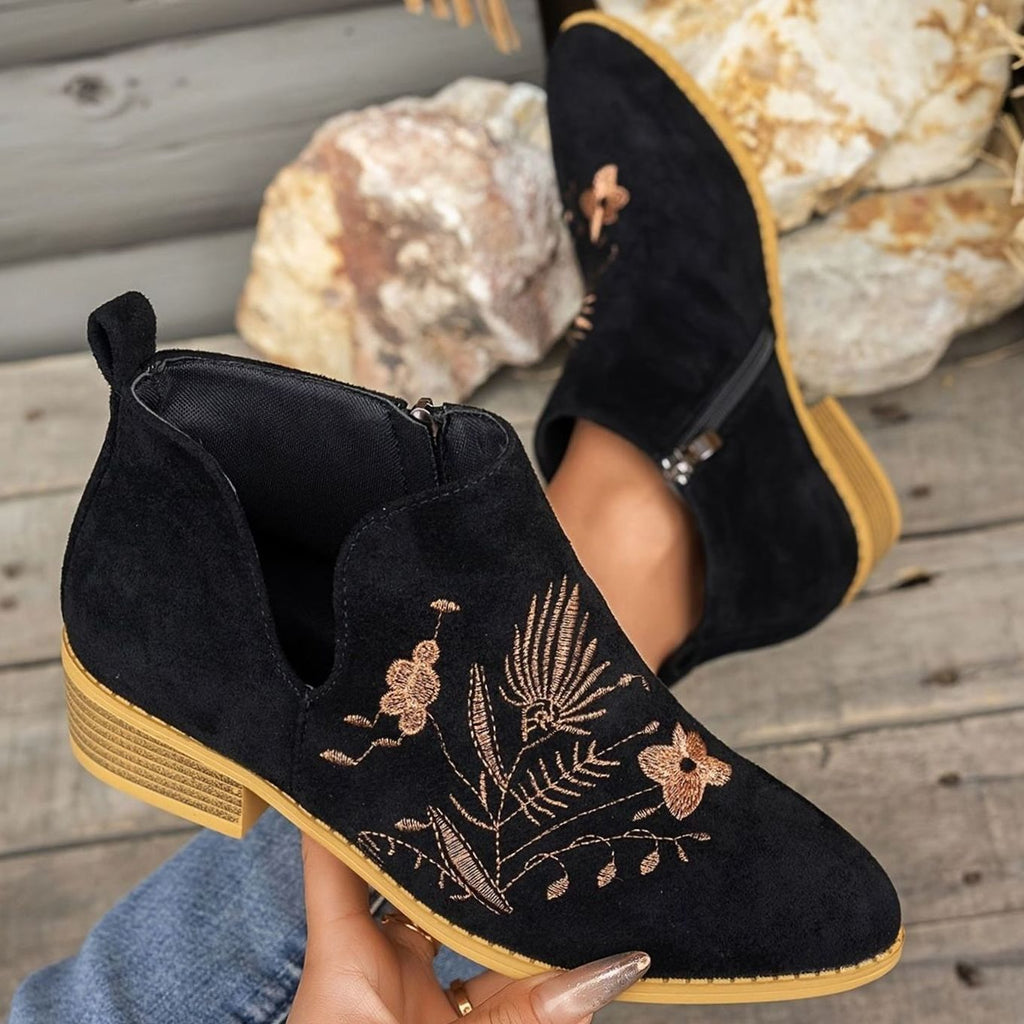 Women's Floral Embroidered V-Cut Booties with Side Zip