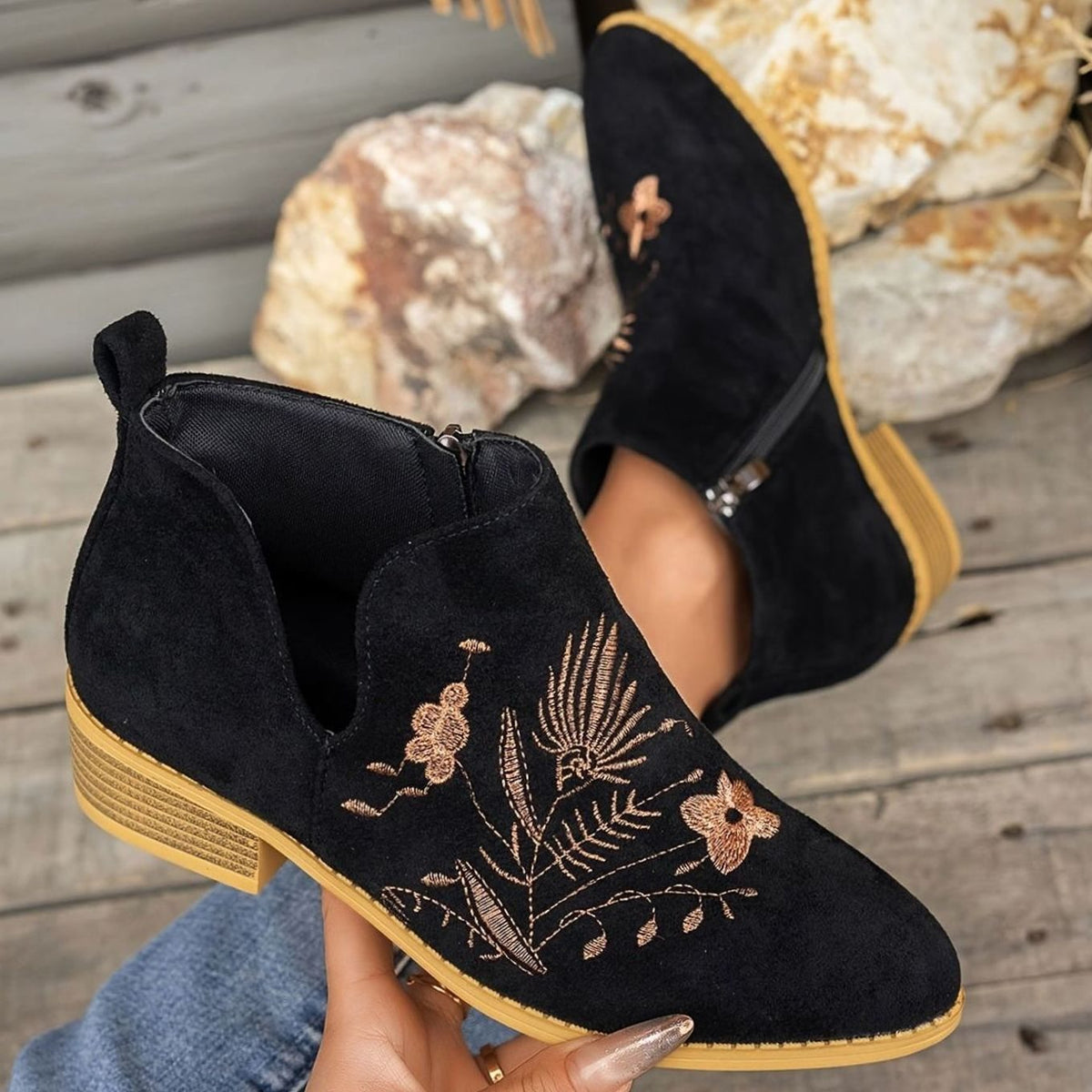 Women's Floral Embroidered V-Cut Booties with Side Zip