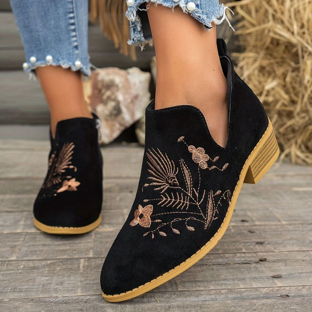 Women's Floral Embroidered V-Cut Booties with Side Zip - Black
