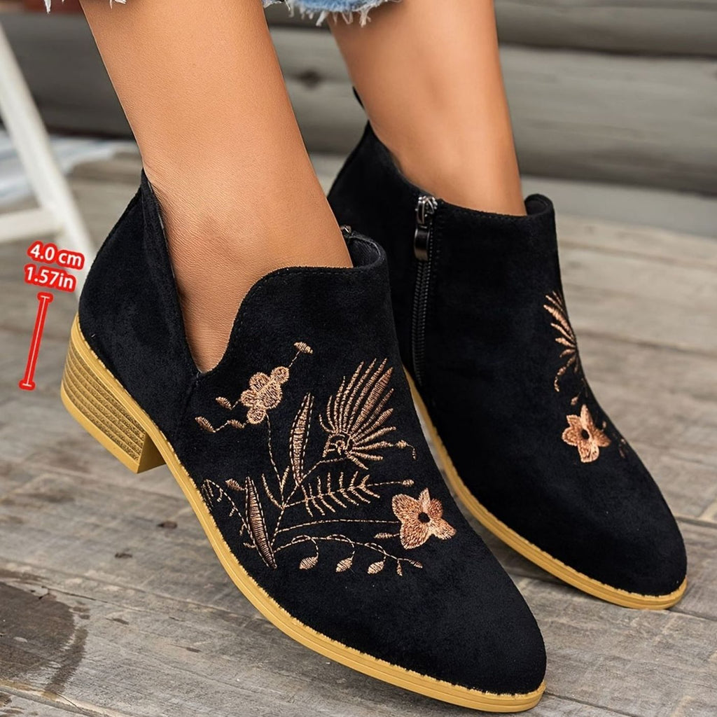 Women's Floral Embroidered V-Cut Booties with Side Zip