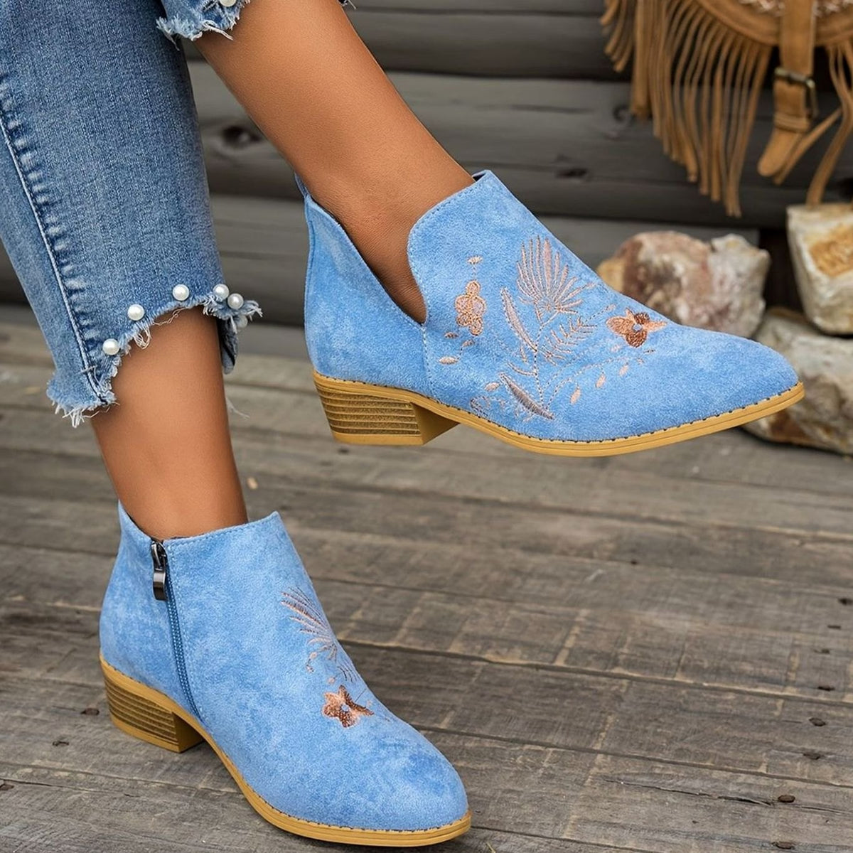 Women's Floral Embroidered V-Cut Booties with Side Zip