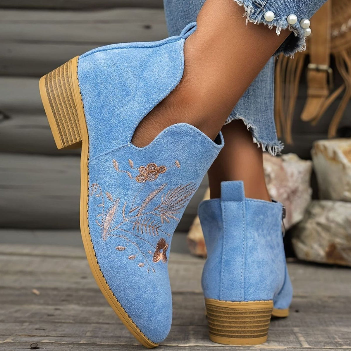 Women's Floral Embroidered V-Cut Booties with Side Zip