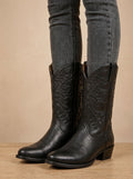Women's Stacked-Heel Western Boots with Matching-Thread Embroidery - Black