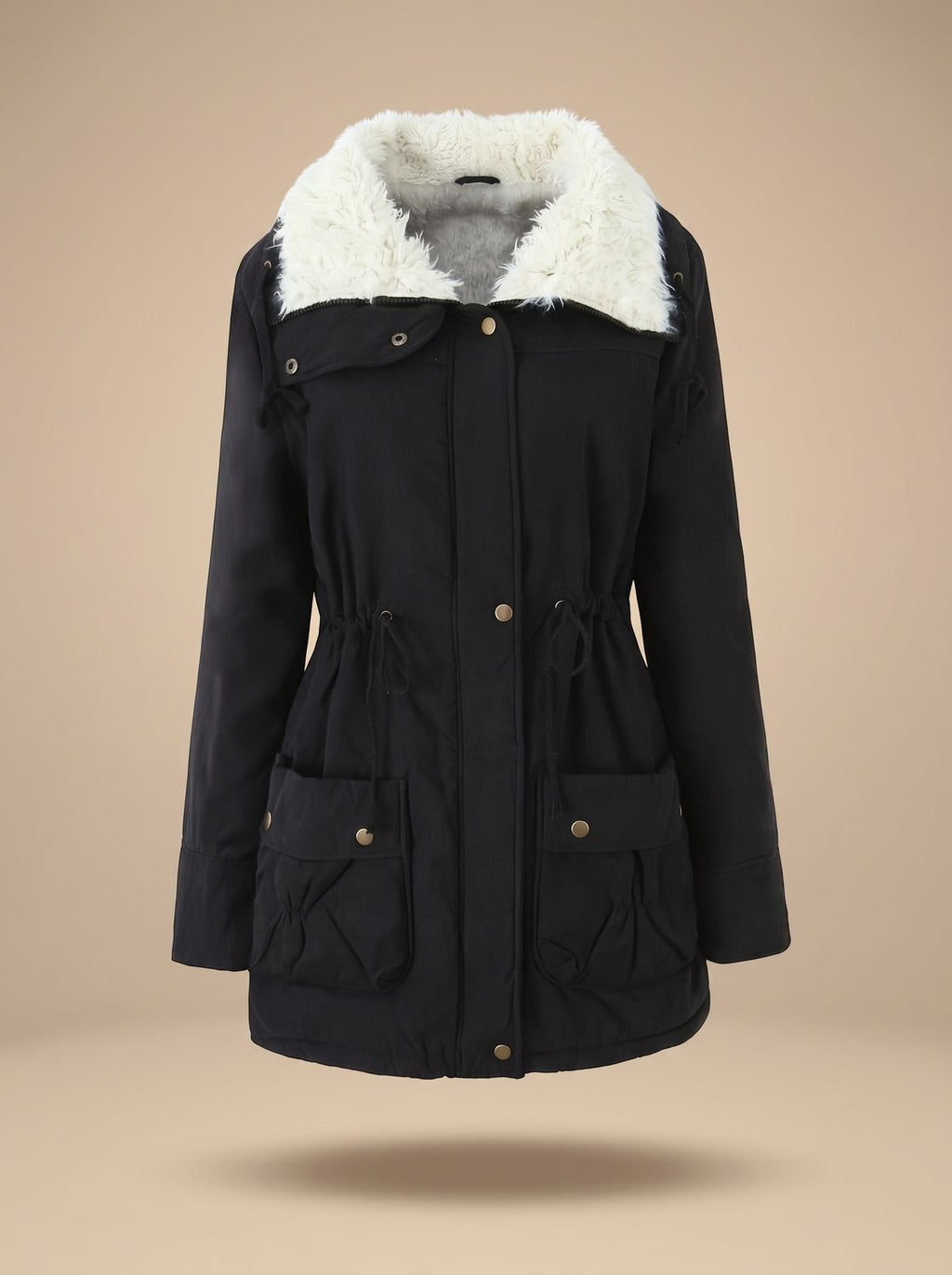 Women's Zip-Front Faux Fur Collar Parka with Adjustable Waist - Black