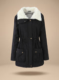 Women's Zip-Front Faux Fur Collar Parka with Adjustable Waist - Black