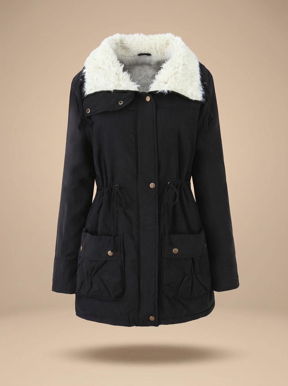 Women's Zip-Front Faux Fur Collar Parka with Adjustable Waist - Black