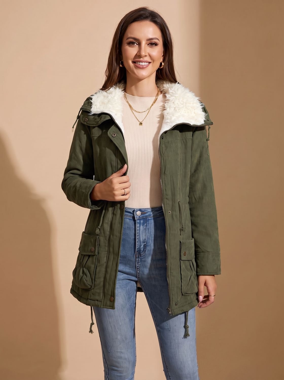 Women's Zip-Front Faux Fur Collar Parka with Adjustable Waist