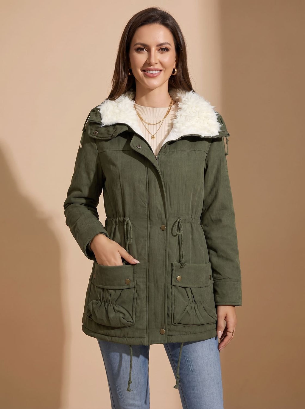 Women's Zip-Front Faux Fur Collar Parka with Adjustable Waist