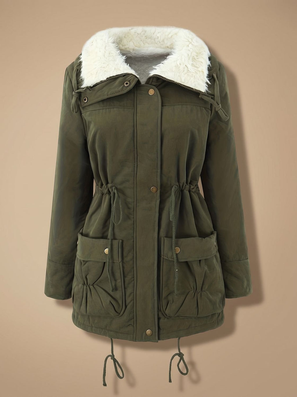 Women's Zip-Front Faux Fur Collar Parka with Adjustable Waist