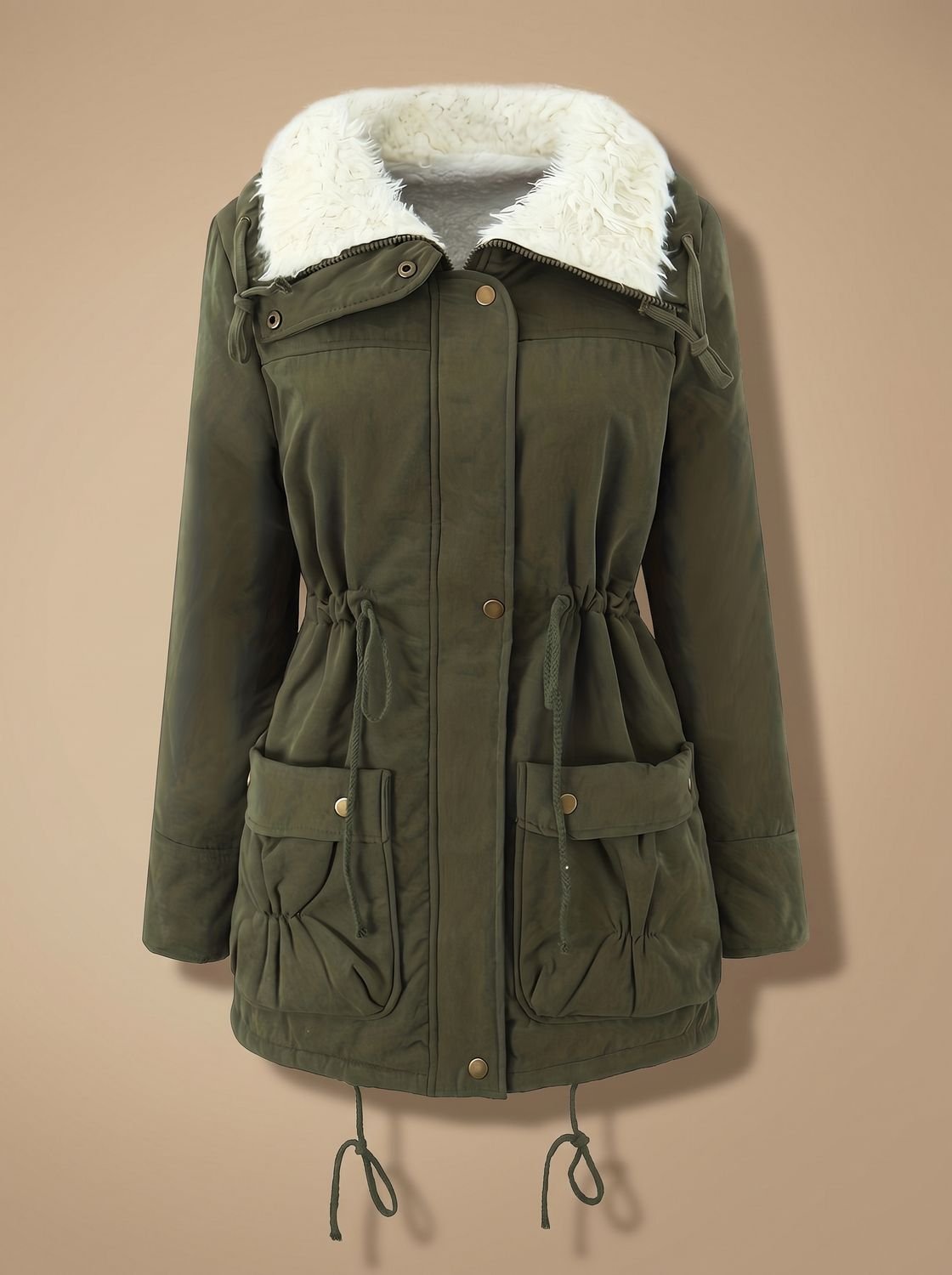 Women's Zip-Front Faux Fur Collar Parka with Adjustable Waist