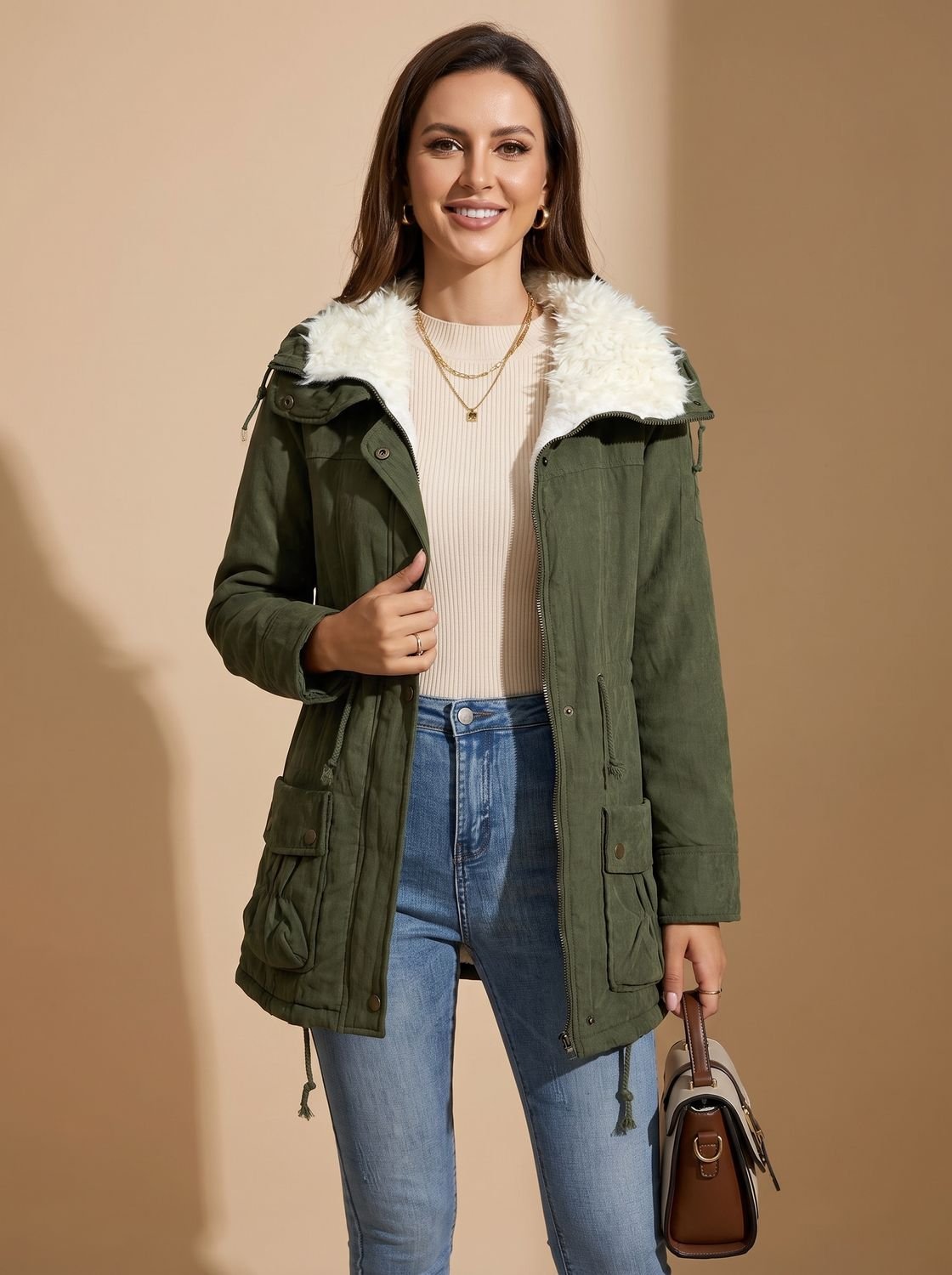 Women's Zip-Front Faux Fur Collar Parka with Adjustable Waist