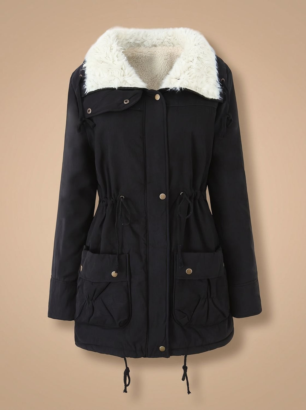 Women's Zip-Front Faux Fur Collar Parka with Adjustable Waist