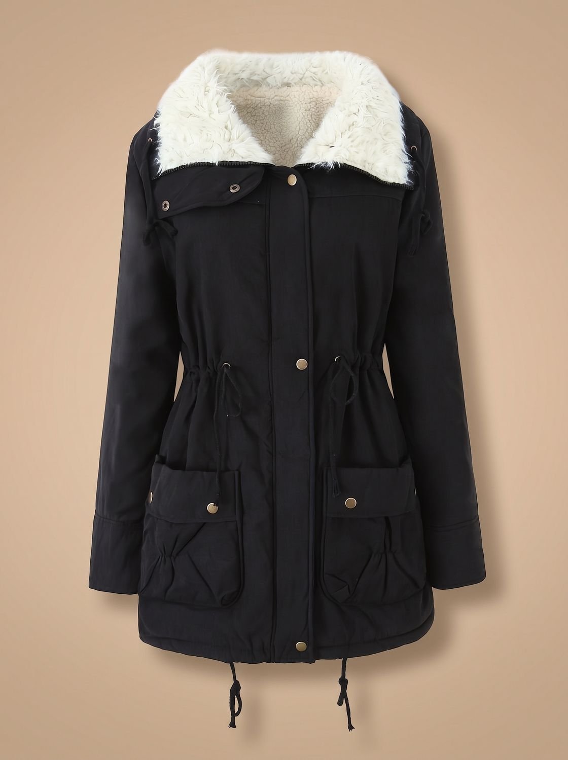Women's Zip-Front Faux Fur Collar Parka with Adjustable Waist