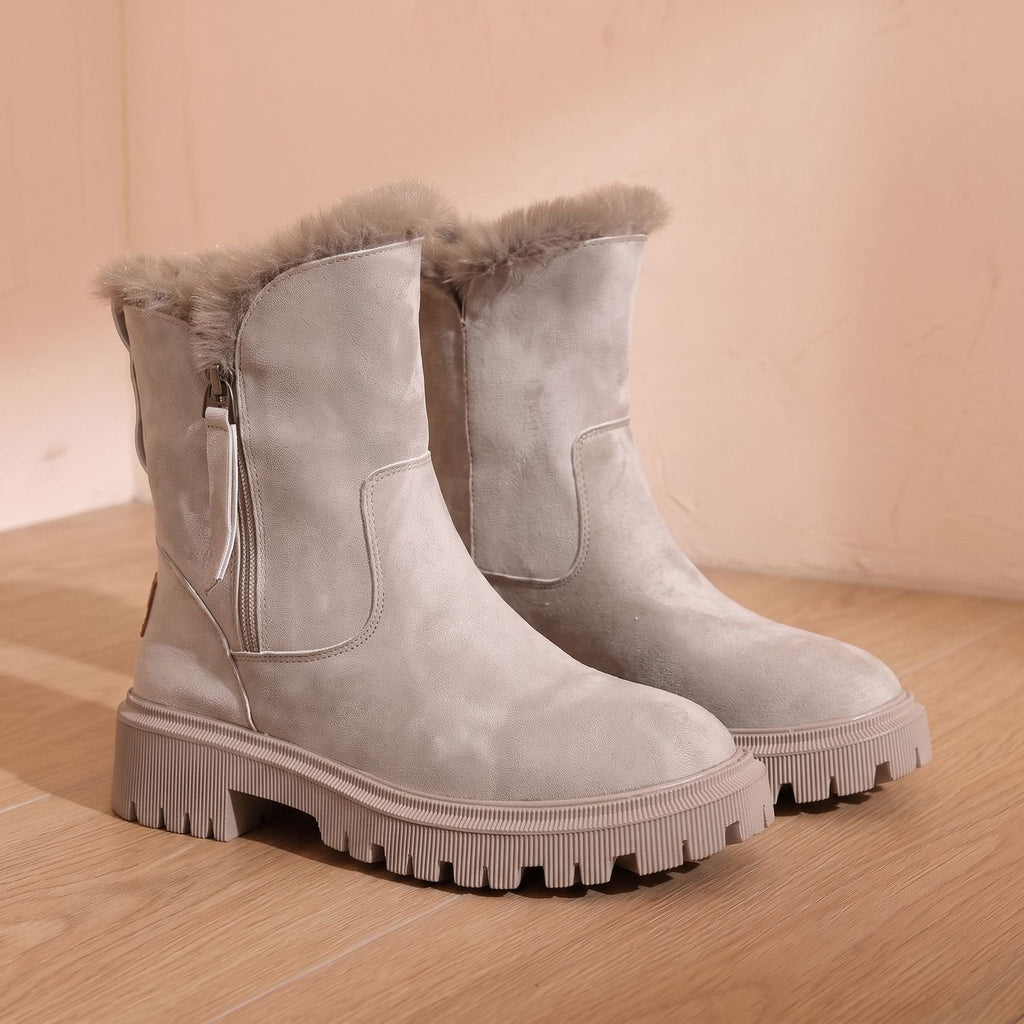 Women's Chunky Block Heel Suede-Look Boots with Grooved Grip Sole - Apricot