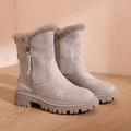 Women's Chunky Block Heel Suede-Look Boots with Grooved Grip Sole - Apricot
