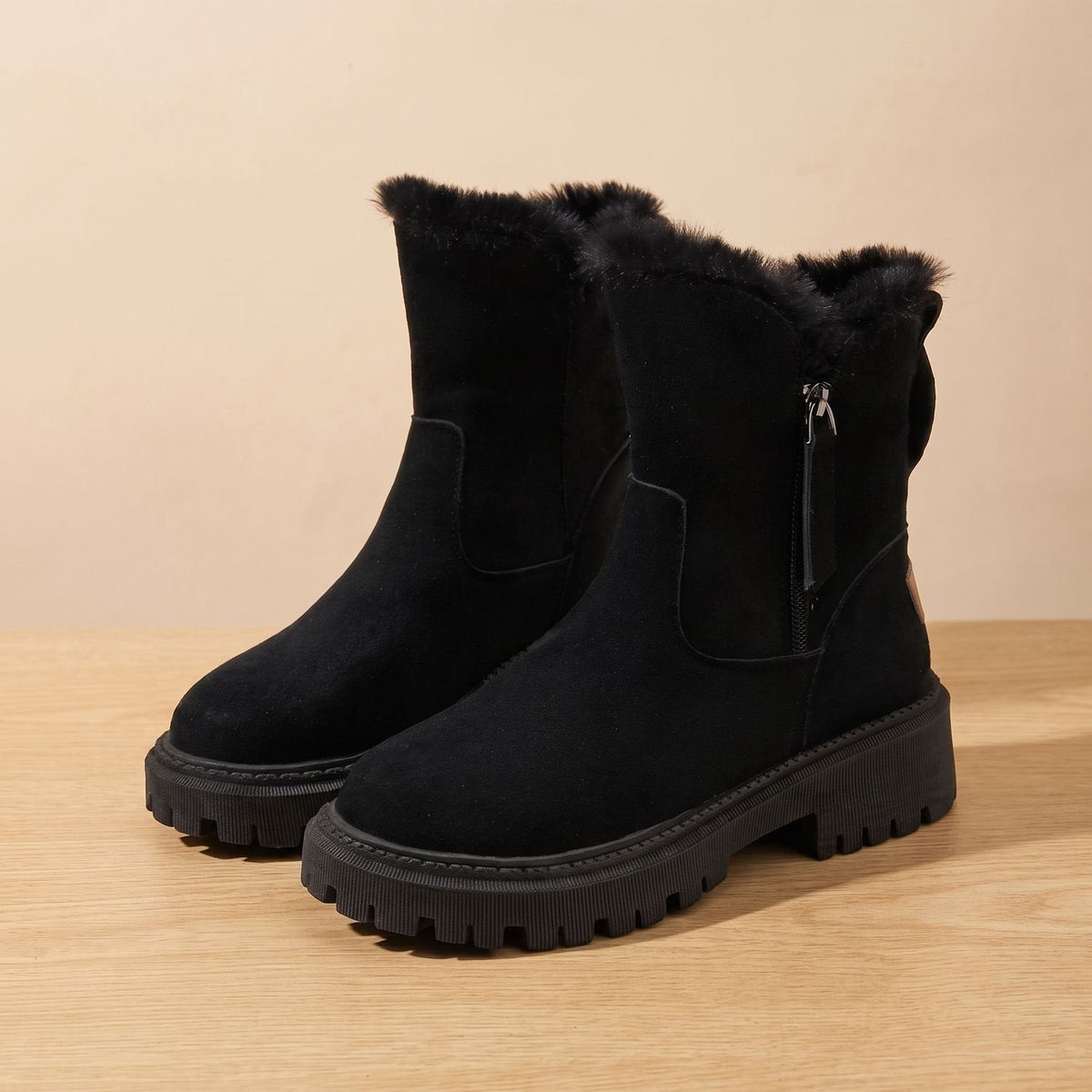 Women's Chunky Block Heel Suede-Look Boots with Grooved Grip Sole