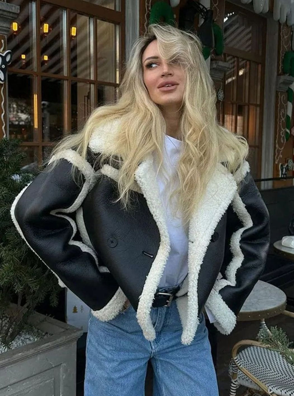 Women's Sherpa-Lined Aviator Jacket with Shearling Collar - Black