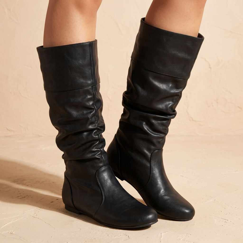Women's Zip-Free Ruched Mid-Calf Flat Boots with Cushioned Footbed