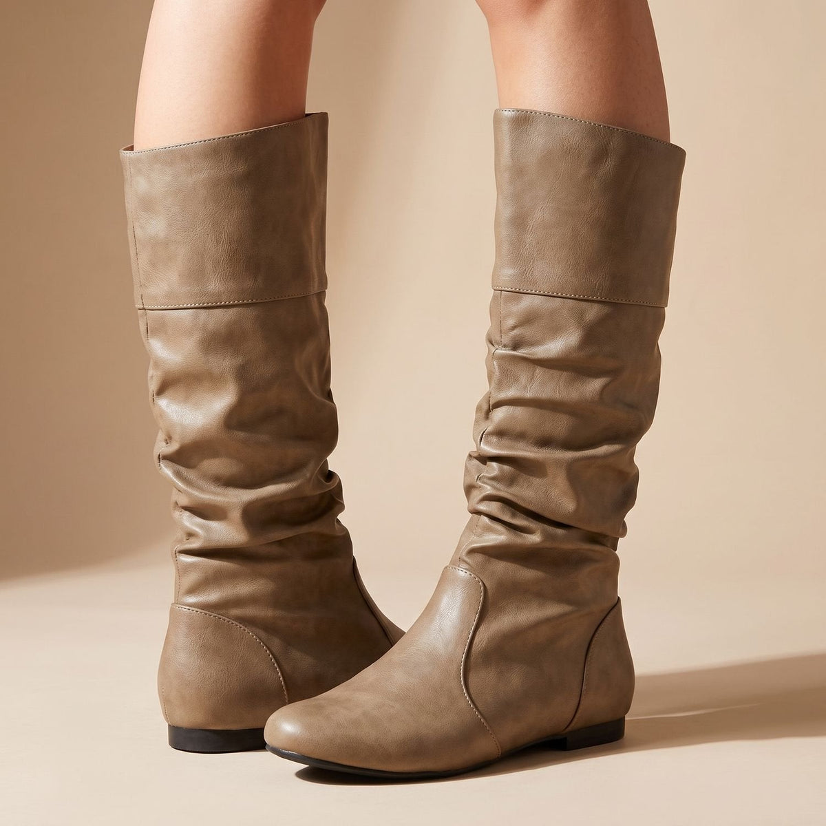 Women's Zip-Free Ruched Mid-Calf Flat Boots with Cushioned Footbed