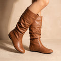 Women's Zip-Free Ruched Mid-Calf Flat Boots with Cushioned Footbed - Brown