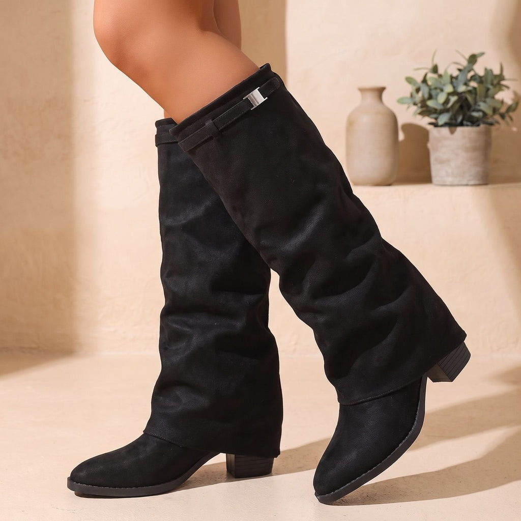 Women's Stacked-Heel Pointed Knee-High Boots in Gathered Faux Suede