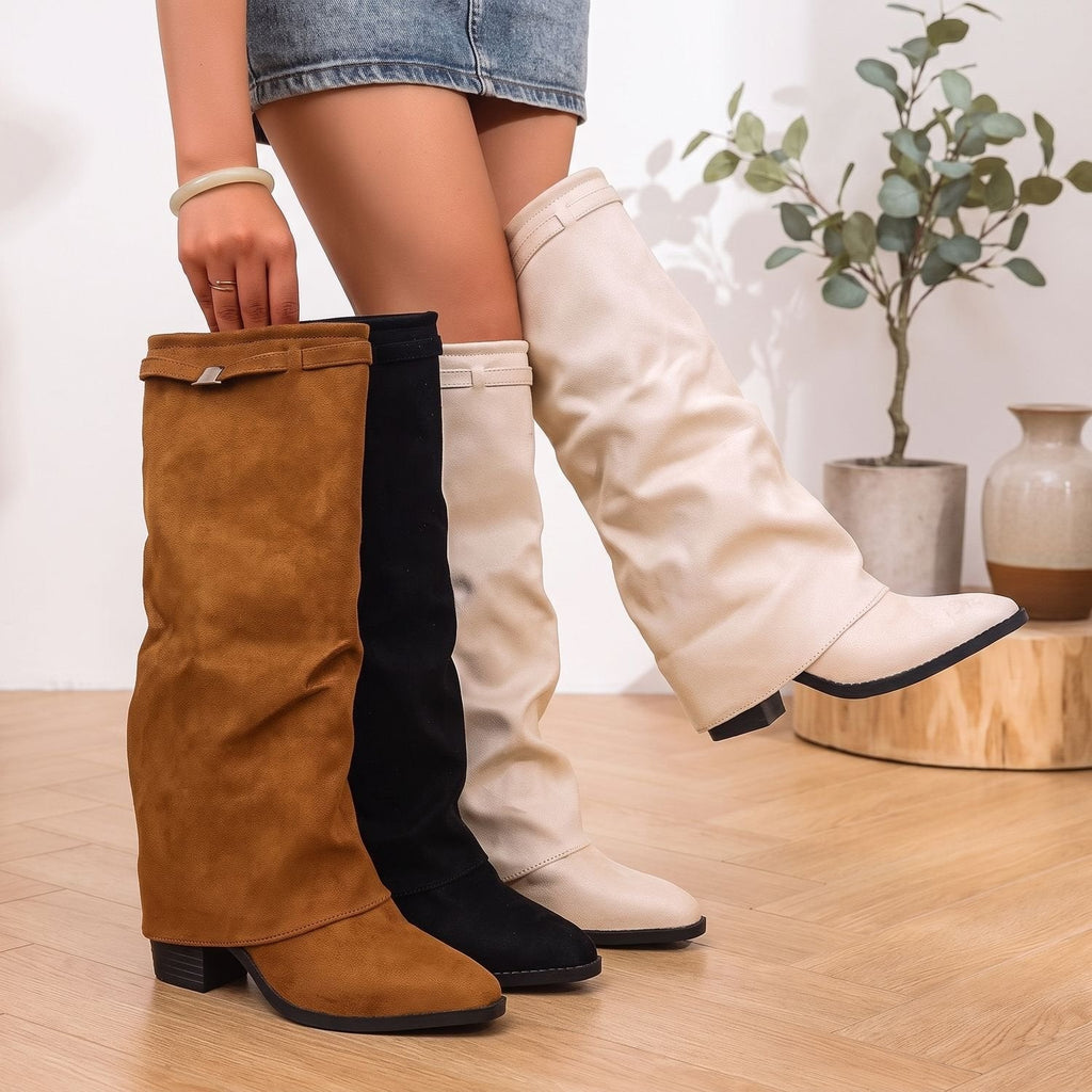 Women's Stacked-Heel Pointed Knee-High Boots in Gathered Faux Suede