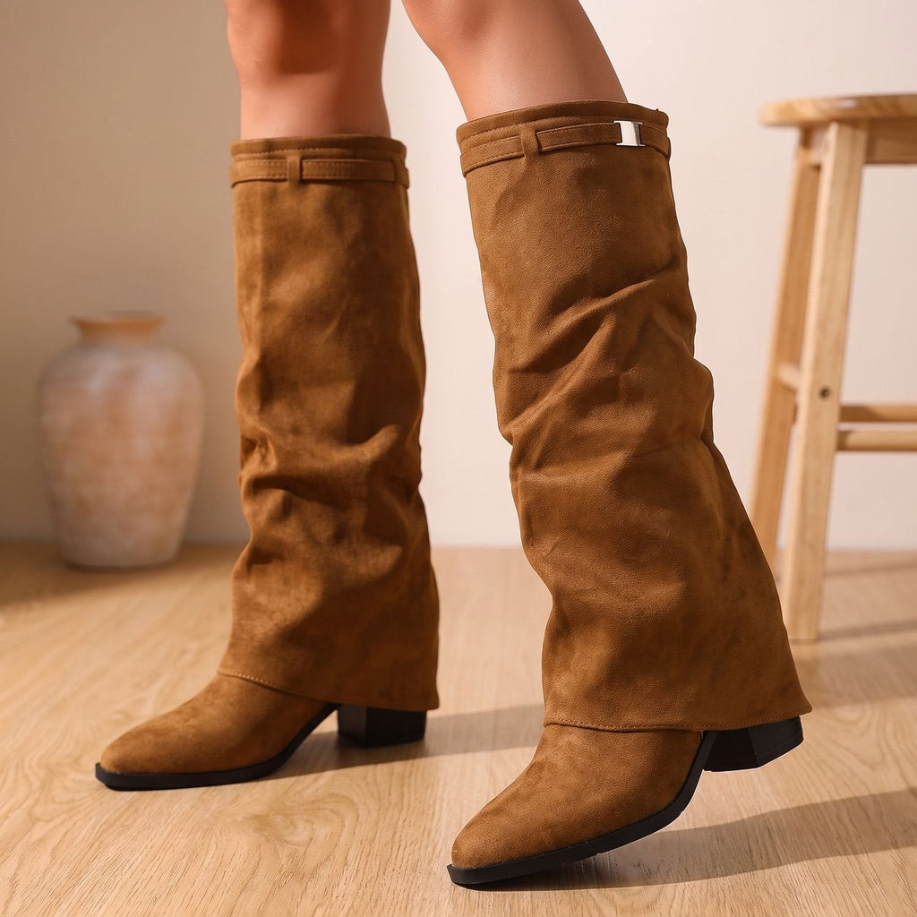 Women's Stacked-Heel Pointed Knee-High Boots in Gathered Faux Suede