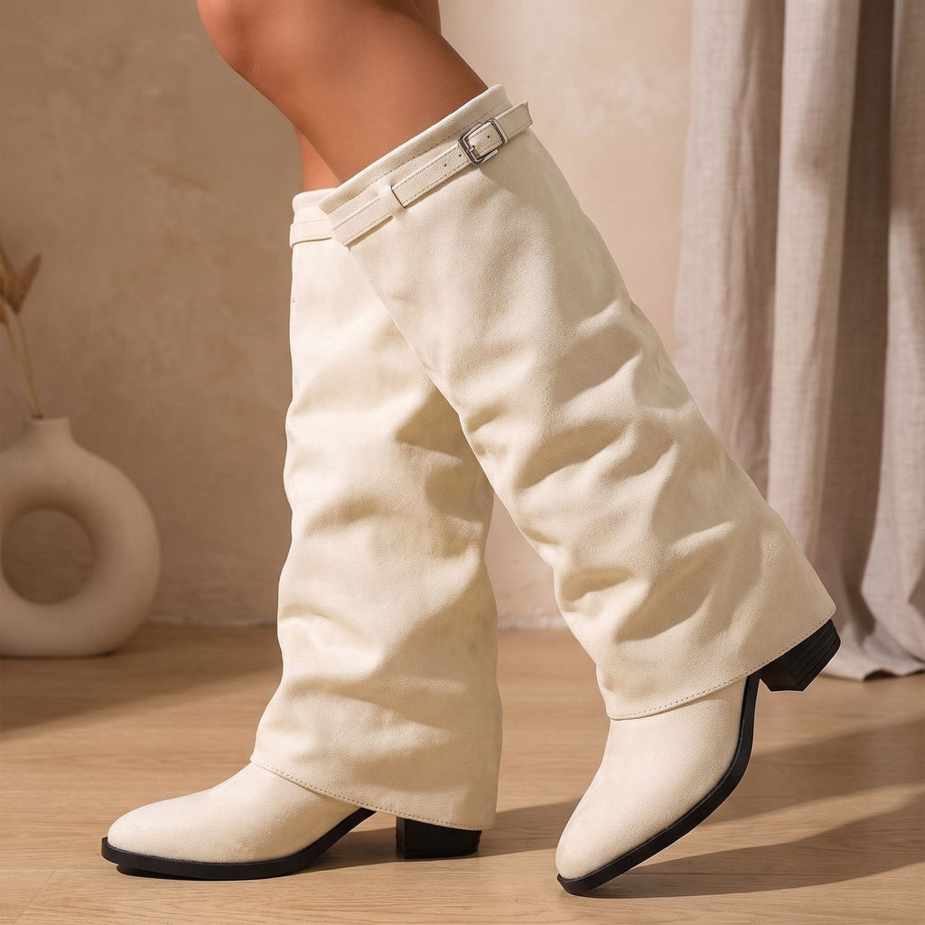 Women's Stacked-Heel Pointed Knee-High Boots in Gathered Faux Suede