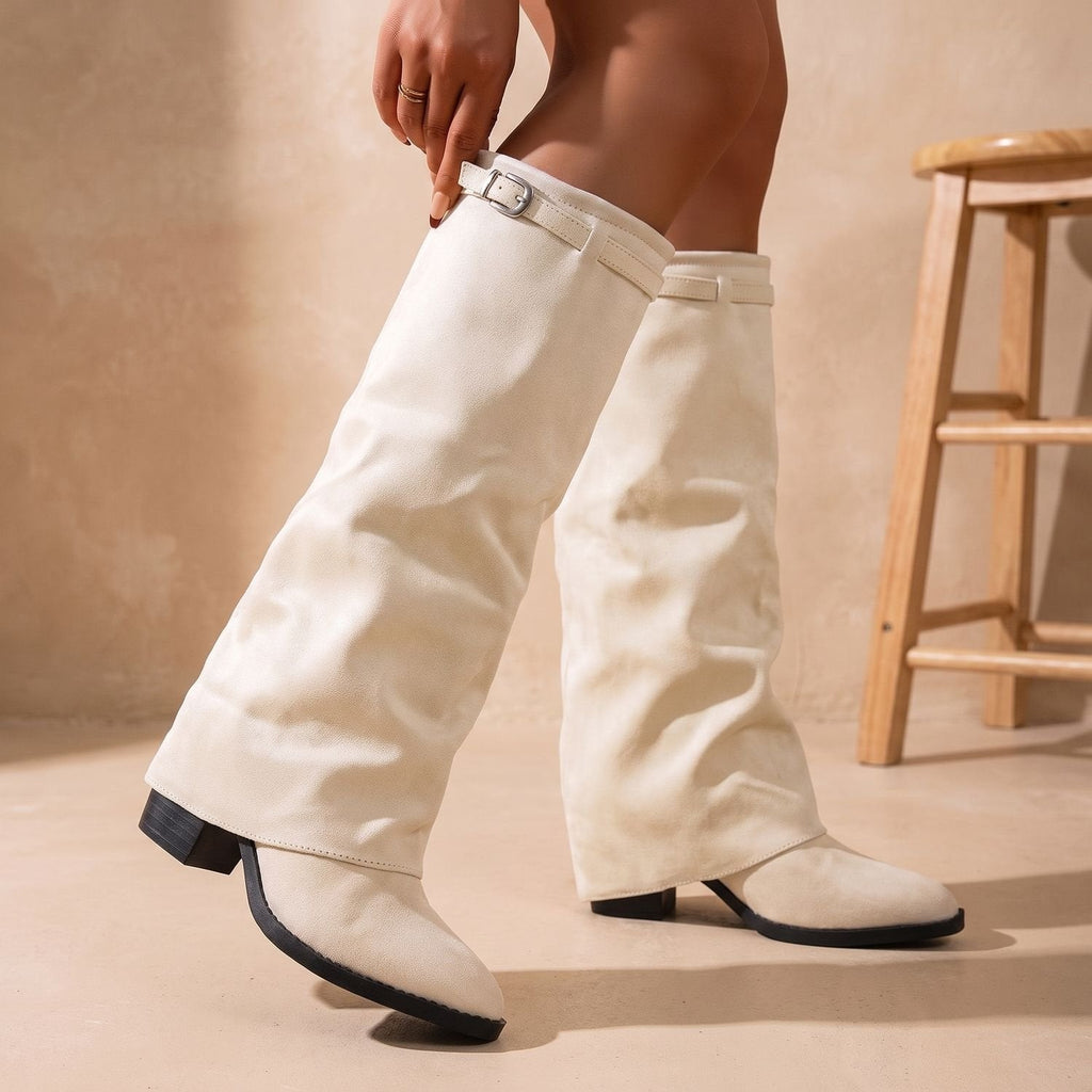 Women's Stacked-Heel Pointed Knee-High Boots in Gathered Faux Suede - Beige