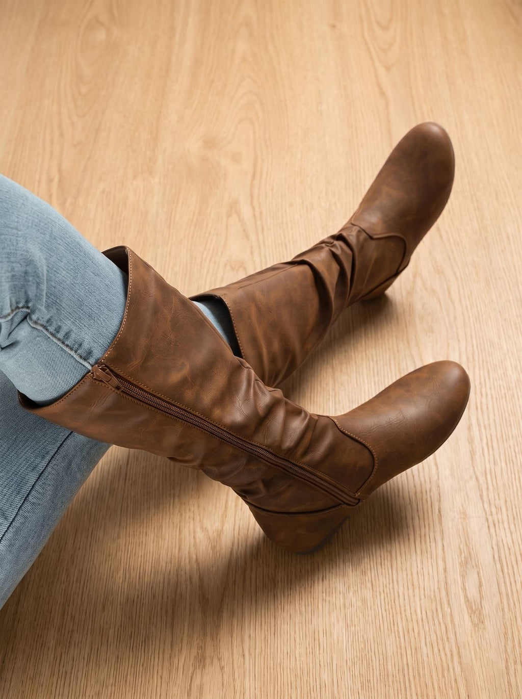 Women's Gathered-Shaft Flat Slouch Boots with Spacious Round Toe