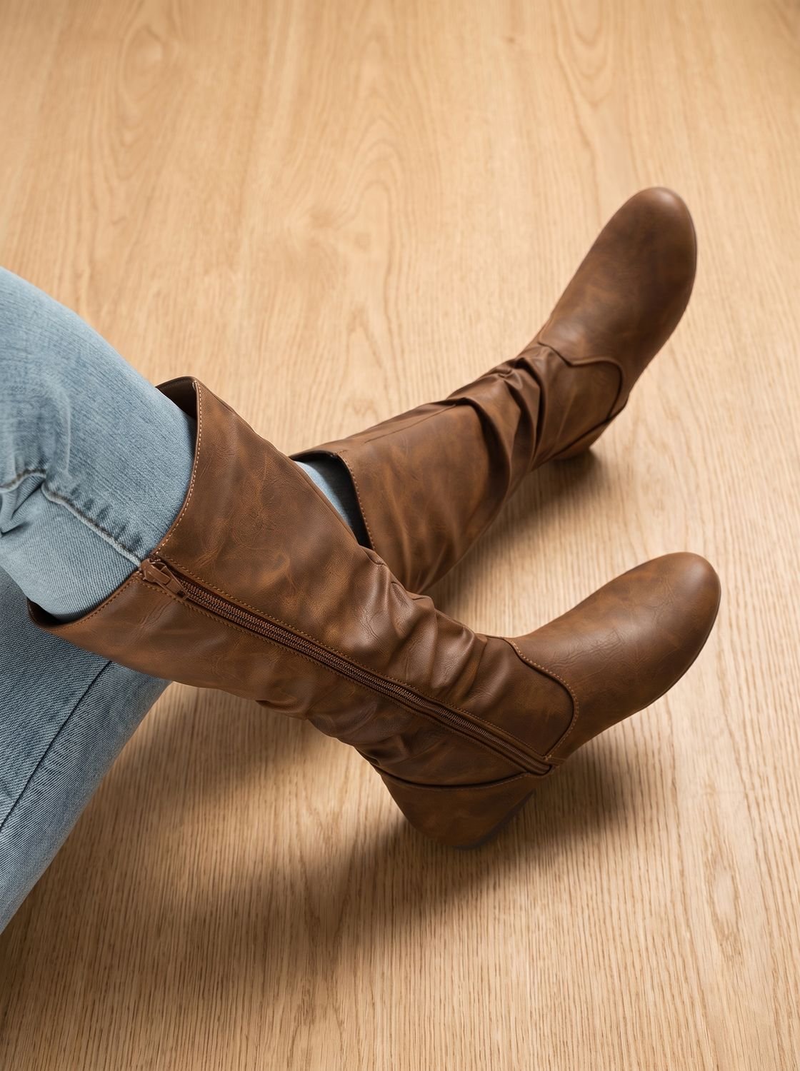 Women's Gathered-Shaft Flat Slouch Boots with Spacious Round Toe