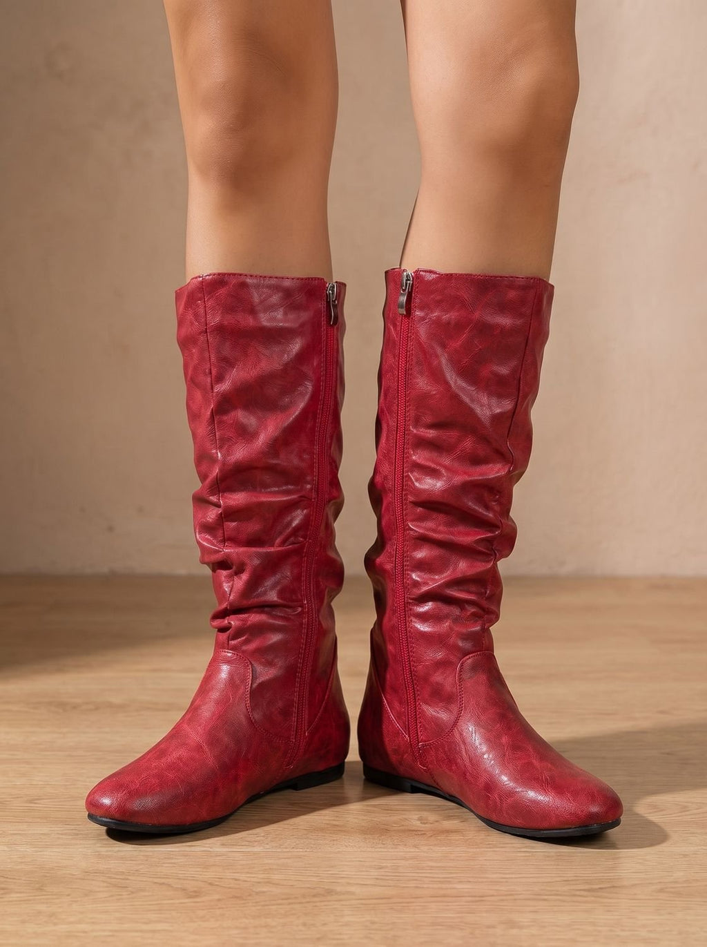 Women's Gathered-Shaft Flat Slouch Boots with Spacious Round Toe