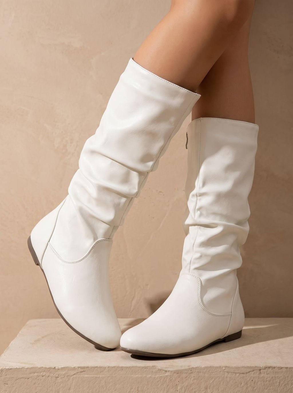 Women's Gathered-Shaft Flat Slouch Boots with Spacious Round Toe