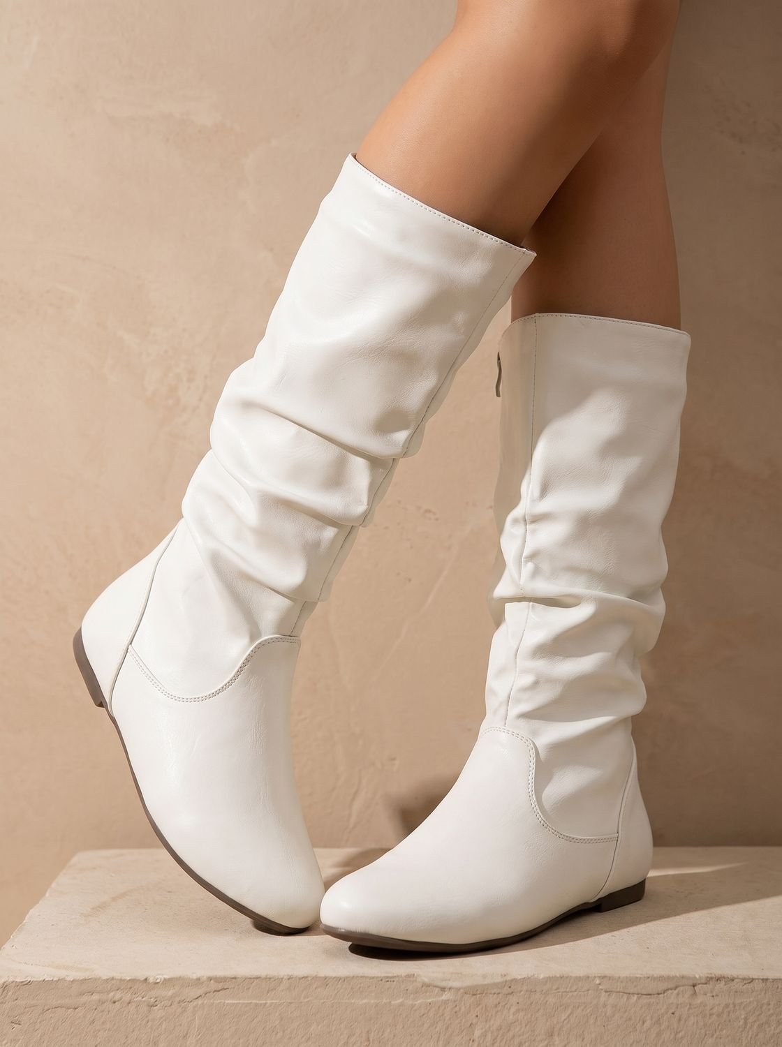 Women's Gathered-Shaft Flat Slouch Boots with Spacious Round Toe