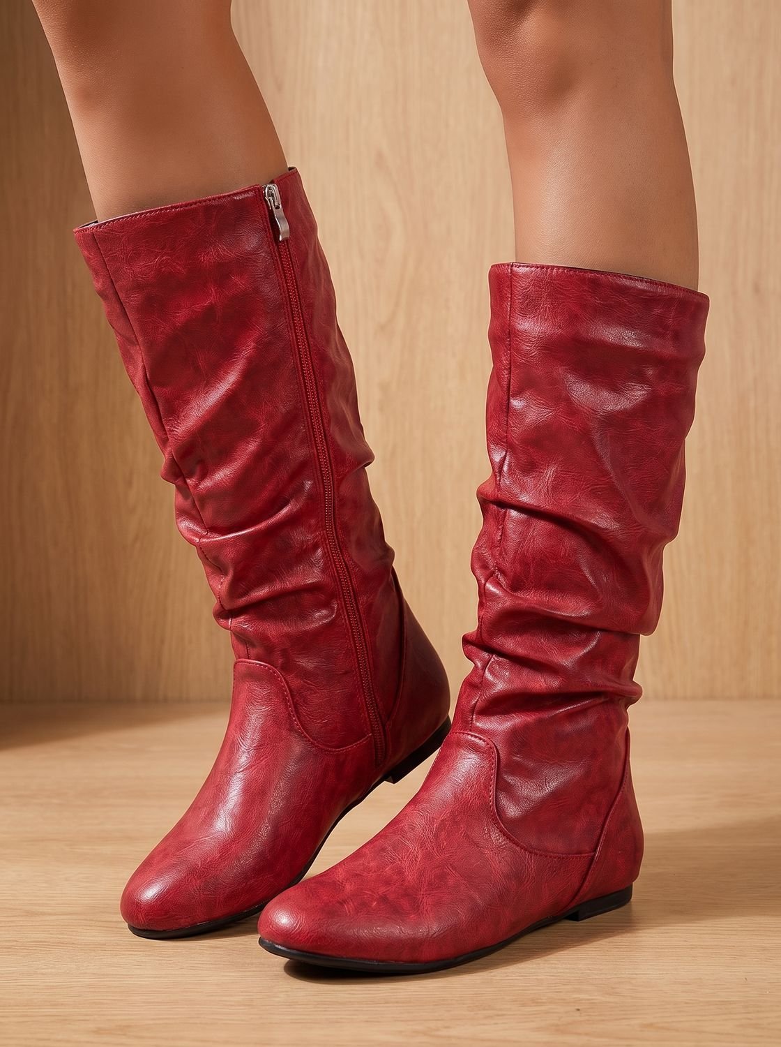 Women's Gathered-Shaft Flat Slouch Boots with Spacious Round Toe