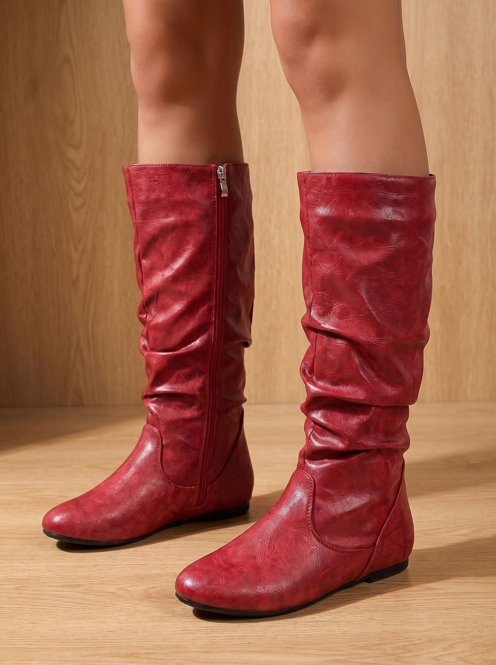 Women's Gathered-Shaft Flat Slouch Boots with Spacious Round Toe