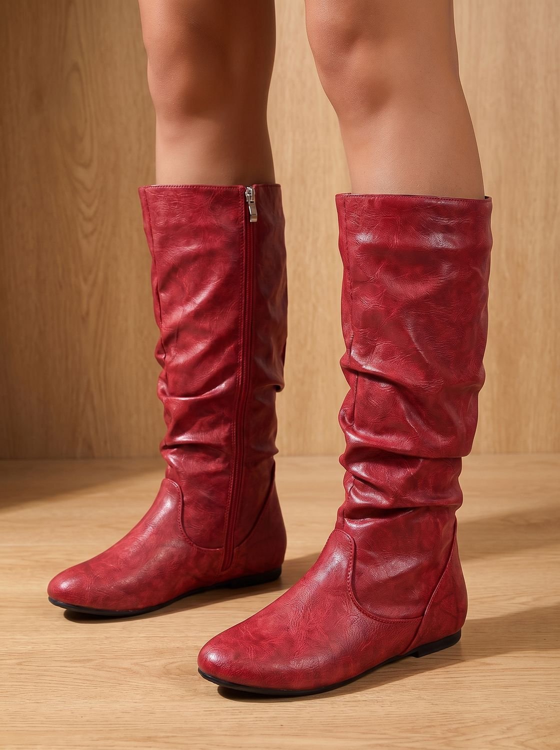 Women's Gathered-Shaft Flat Slouch Boots with Spacious Round Toe