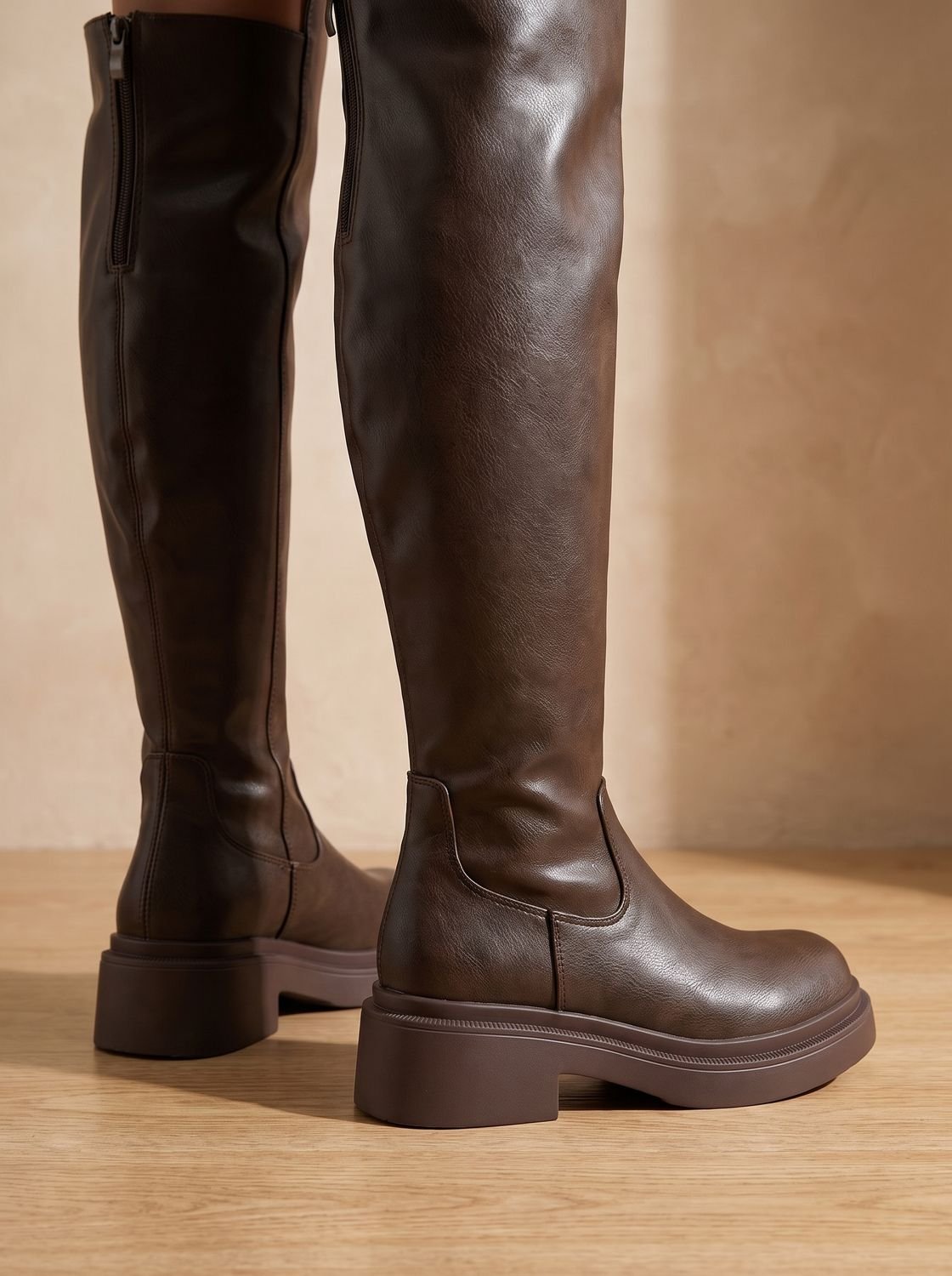 Women's Zip-Up Over-the-Knee Boots on a Chunky Flat Platform
