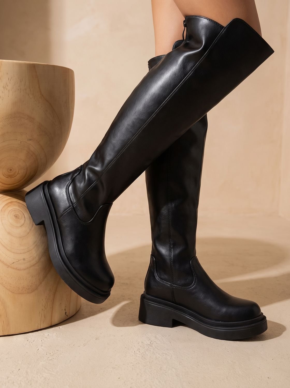 Women's Zip-Up Over-the-Knee Boots on a Chunky Flat Platform