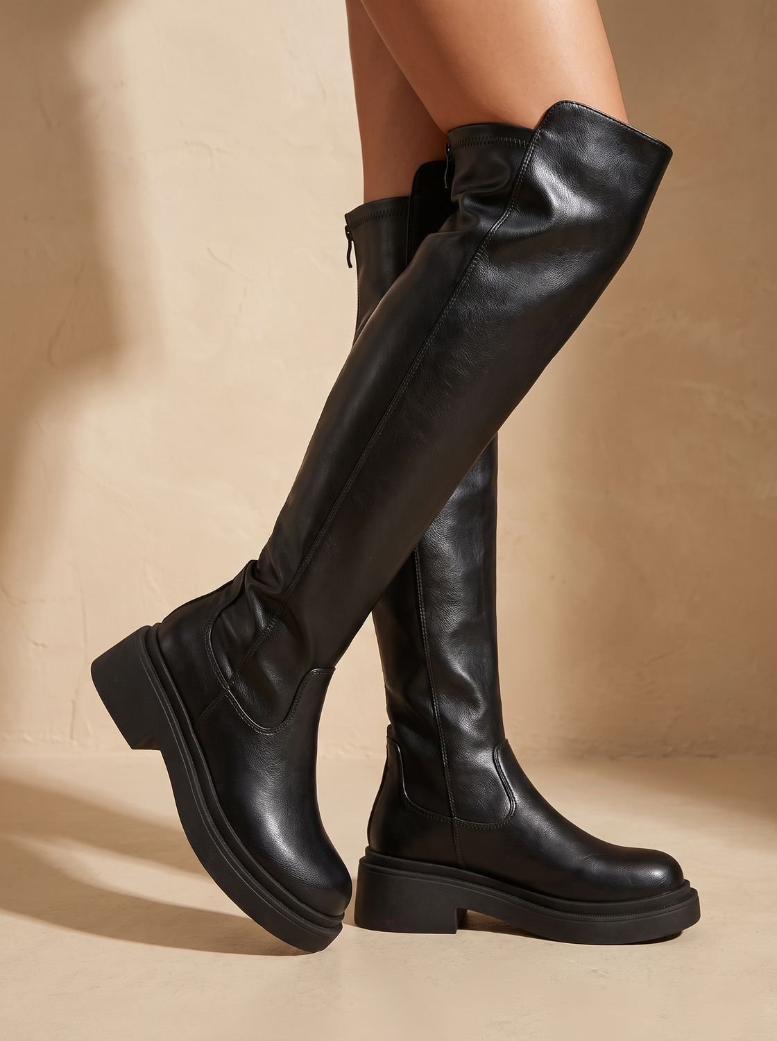 Women's Zip-Up Over-the-Knee Boots on a Chunky Flat Platform - Black