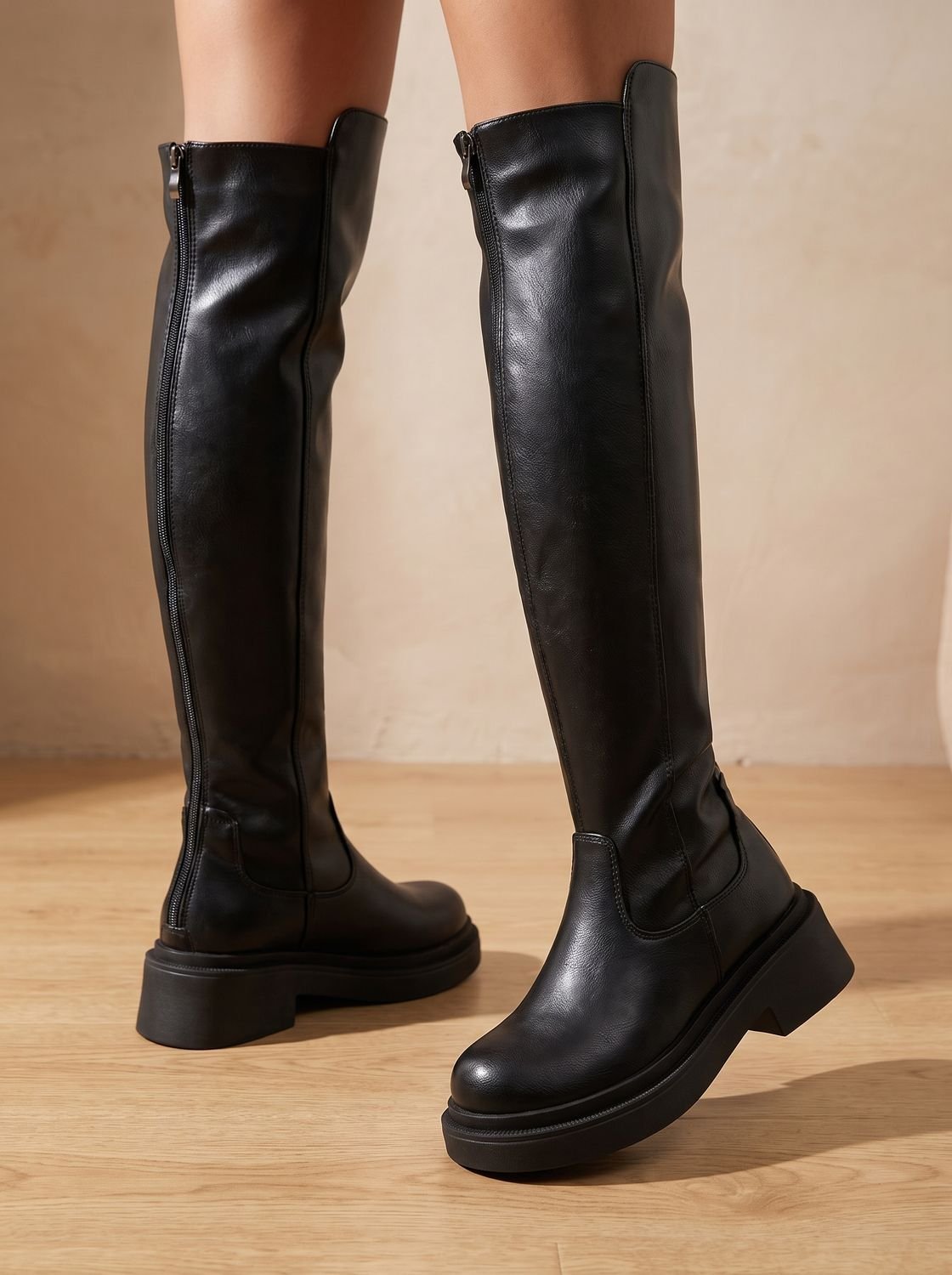 Women's Zip-Up Over-the-Knee Boots on a Chunky Flat Platform