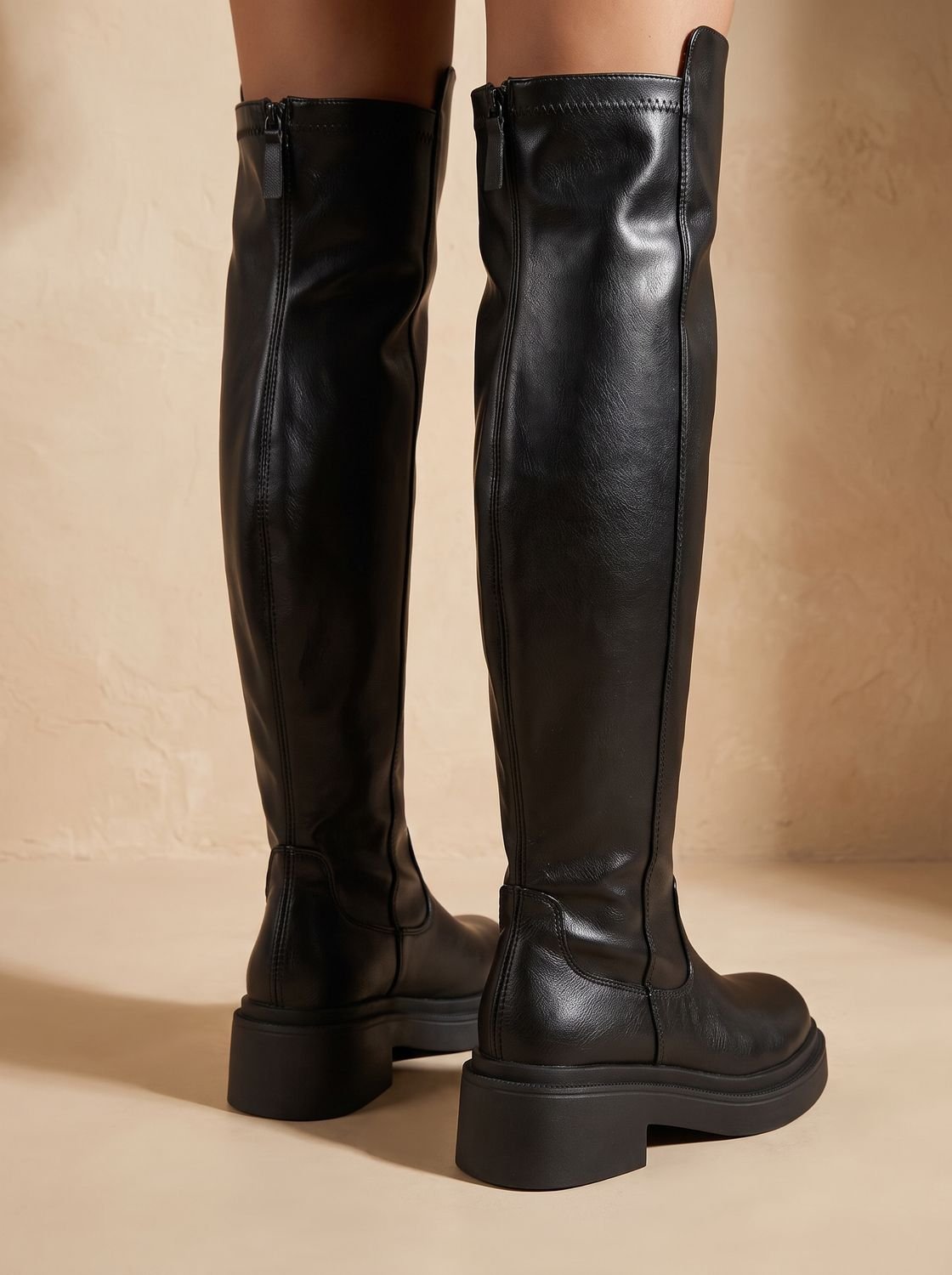 Women's Zip-Up Over-the-Knee Boots on a Chunky Flat Platform