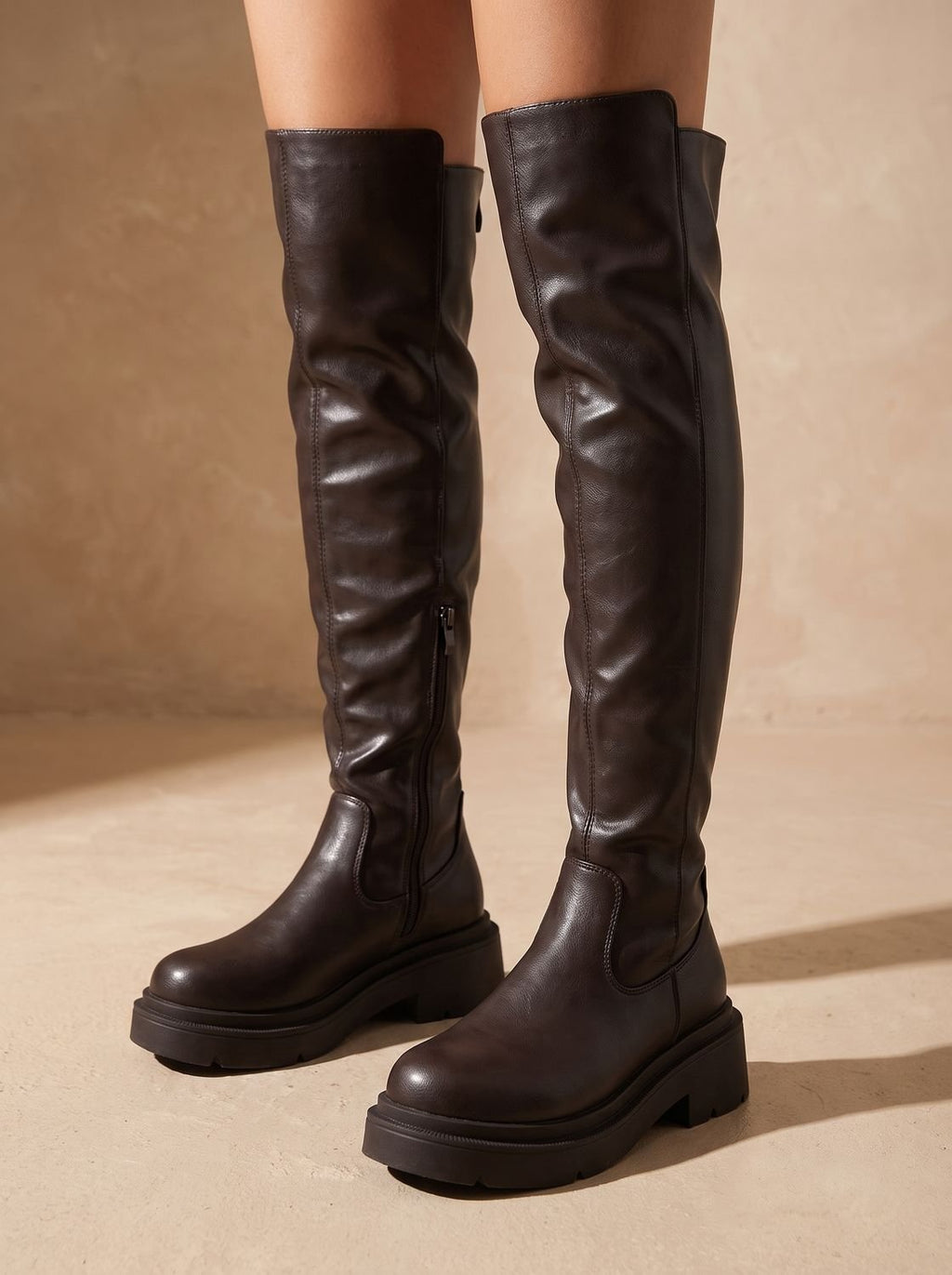 Women's Zip-Up Over-the-Knee Boots on a Chunky Flat Platform