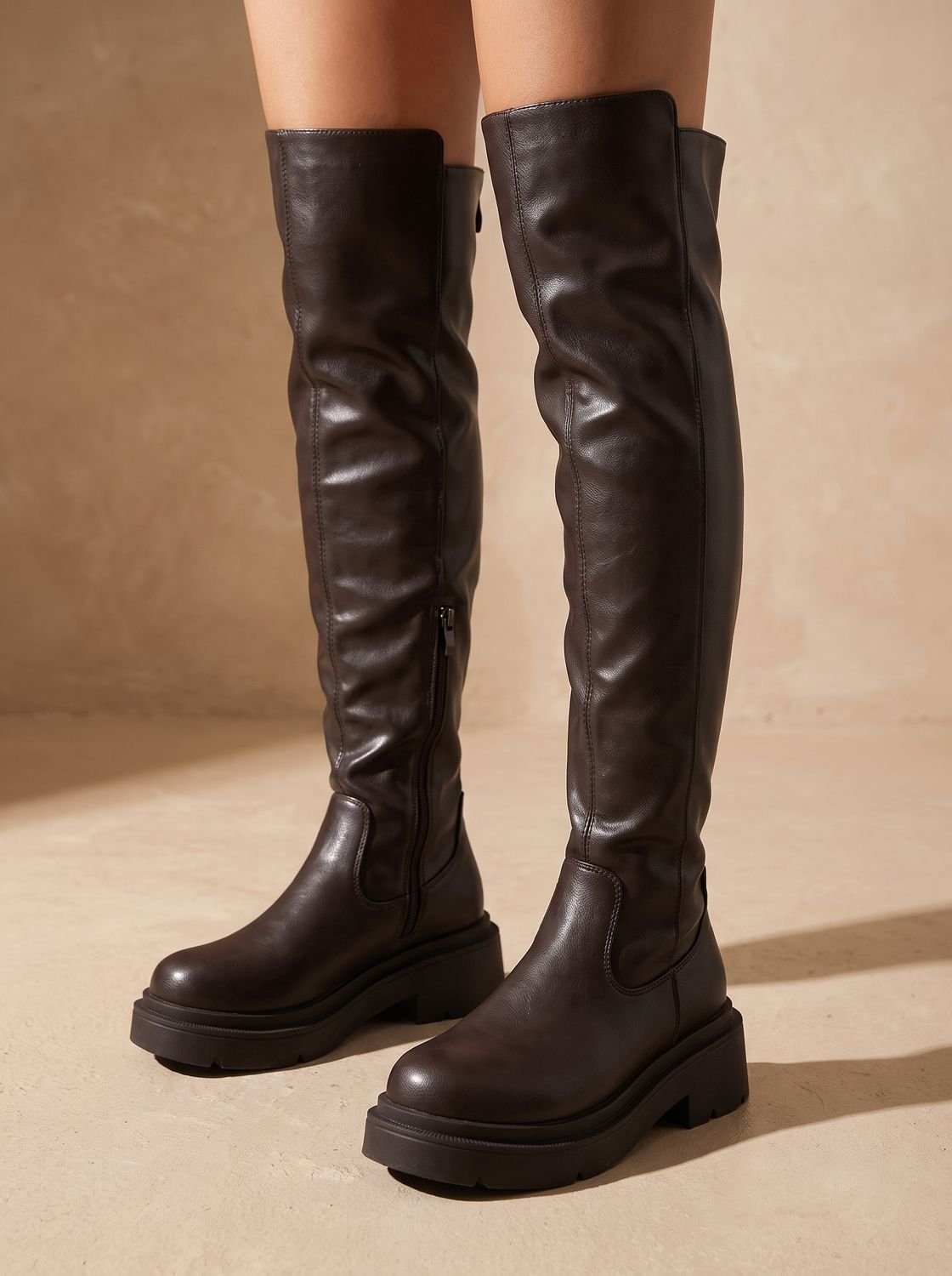 Women's Zip-Up Over-the-Knee Boots on a Chunky Flat Platform