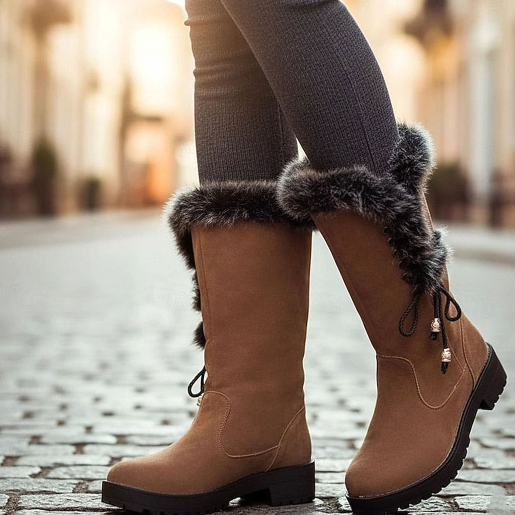 Women's Lug-Sole Winter Knee Boots with Plush Lining and Faux Fur Cuff - Yellow