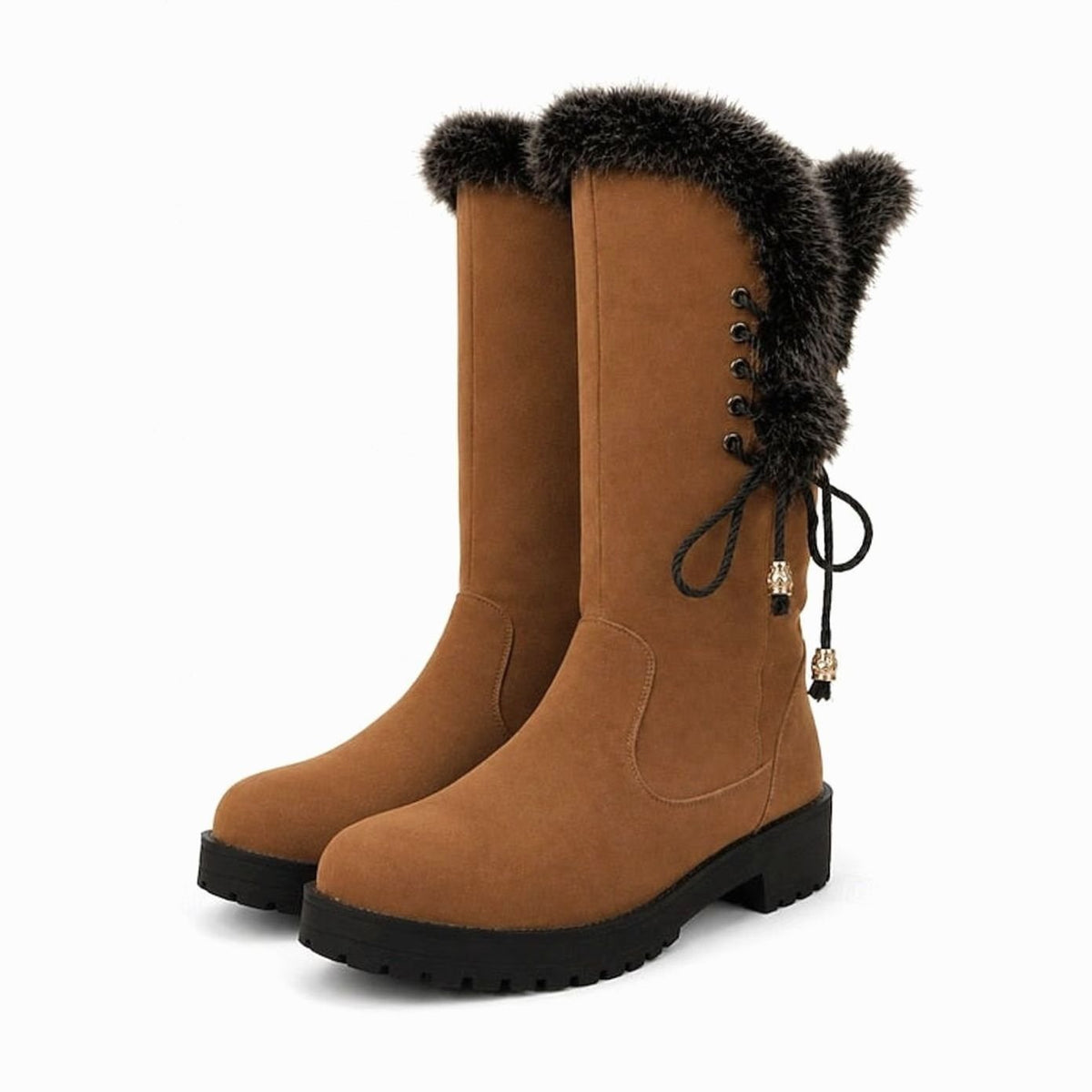 Women's Lug-Sole Winter Knee Boots with Plush Lining and Faux Fur Cuff