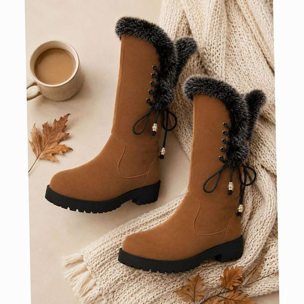 Women's Lug-Sole Winter Knee Boots with Plush Lining and Faux Fur Cuff