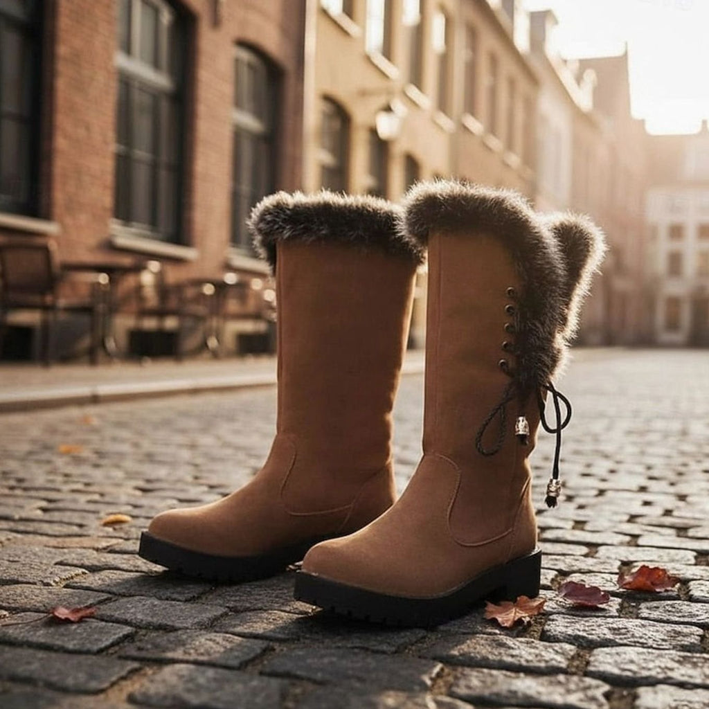 Women's Lug-Sole Winter Knee Boots with Plush Lining and Faux Fur Cuff