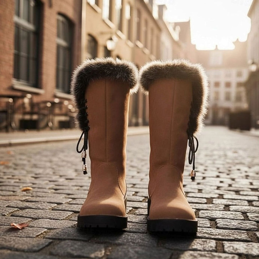 Women's Lug-Sole Winter Knee Boots with Plush Lining and Faux Fur Cuff